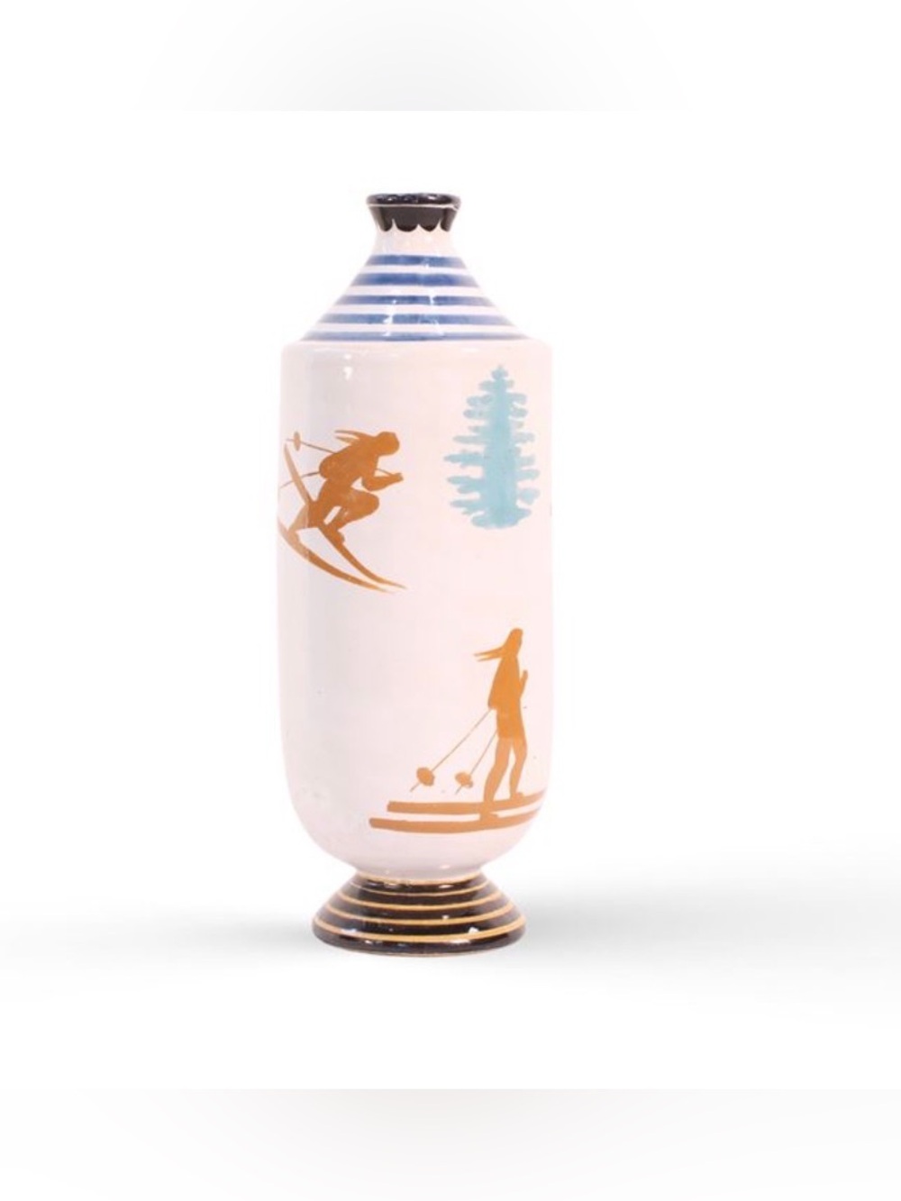 Vintage Faenza Italy Hand Painted Skier Crackle Glaze MCM Ceramic Vase